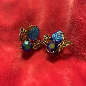 Vintage Blue Bee Leaf Clip On Earrings